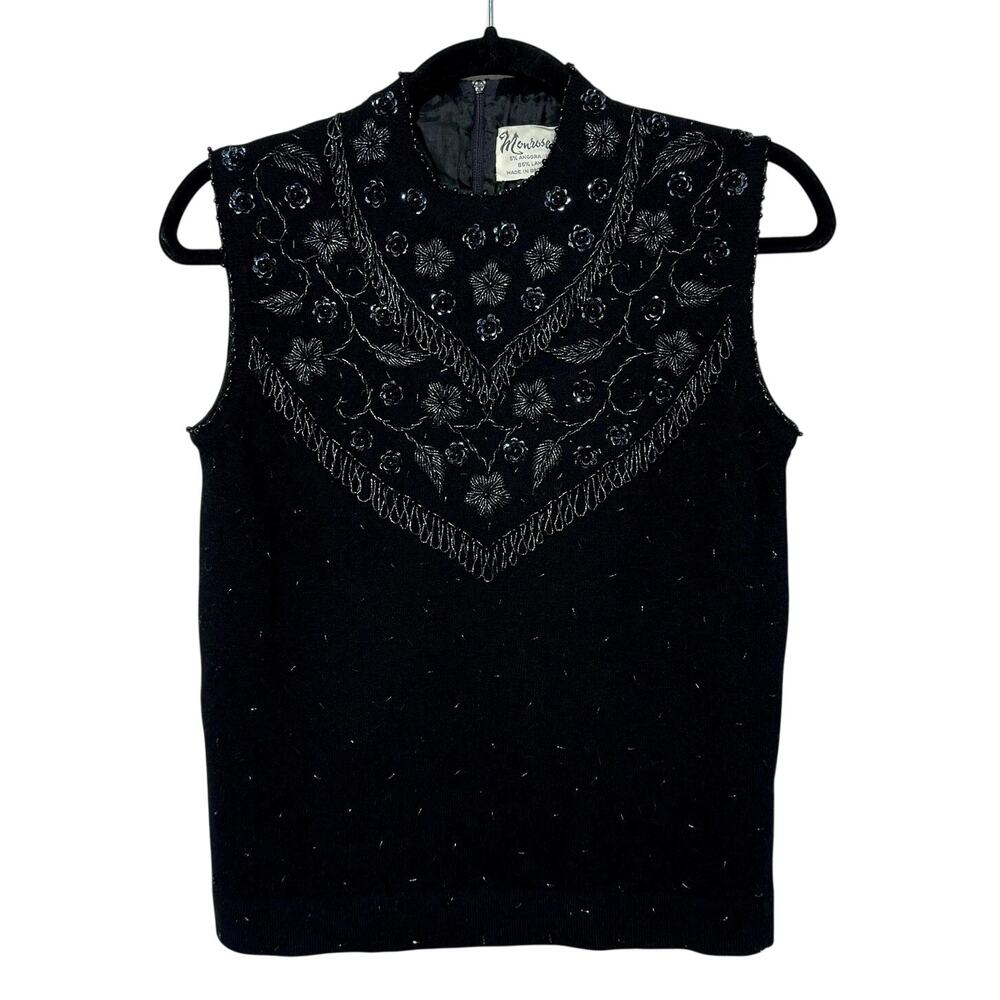 Vintage Angora/Wool Blend Sleeveless Sweater Delicate Beaded Bodice Mock Neck